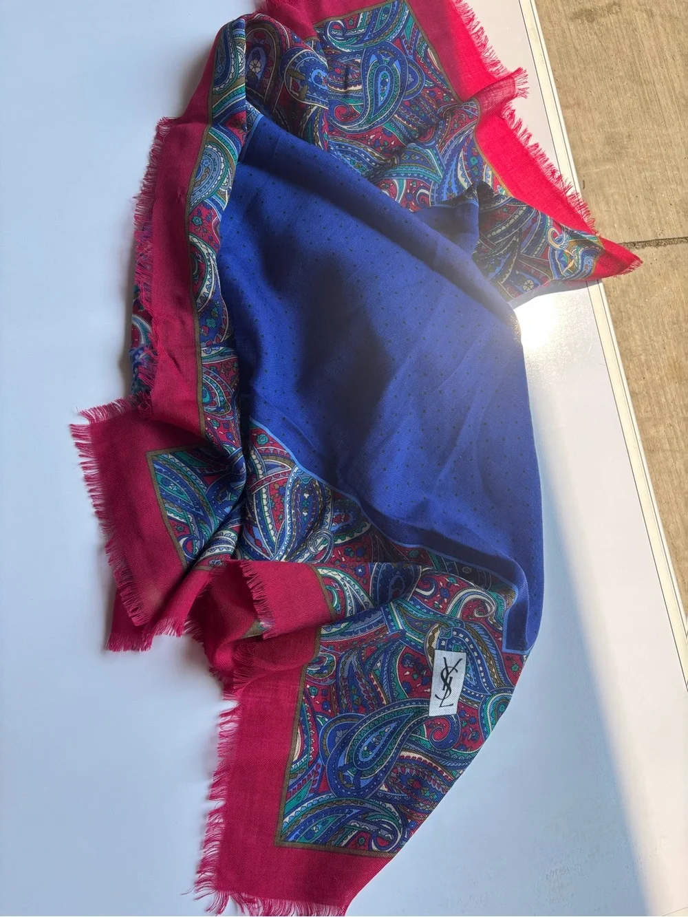 Yves Saint Laurent Red Paisley Fringe Scarf 35”x35” unique vintage